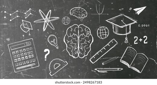 Chalkboard featuring various educational and science-related doodles like a brain, calculator, and graduation cap. Concept of learning and education - Powered by Shutterstock