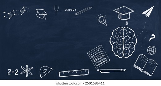 Chalkboard filled with educational doodles such as a brain, calculator, and book on a blank background. Concept of learning and knowledge - Powered by Shutterstock