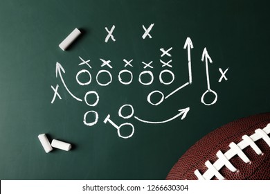 Chalkboard With Football Game Scheme And Rugby Ball, Top View