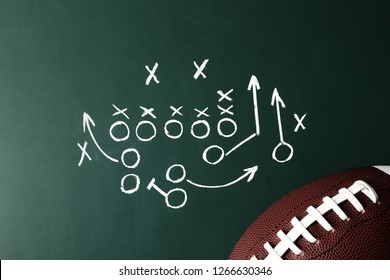 Chalkboard with football game scheme and rugby ball, top view - Powered by Shutterstock