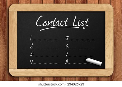 Chalkboard On The Wooden Table Written Contact List.