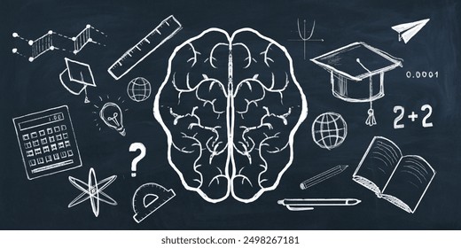 Chalkboard with various educational symbols and icons drawn in white chalk. Black background. Concept of knowledge and learning in the classroom - Powered by Shutterstock