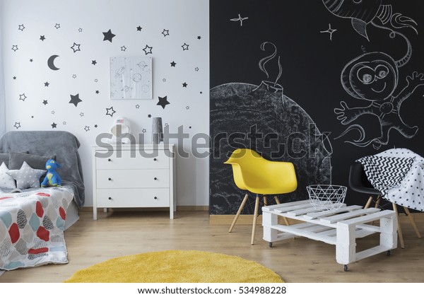 Chalkboard Wall Creative Drawings Kids Bedroom Stock Photo