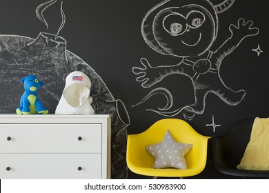 Chalkboard Wall In Outer Space Themed Children's Room