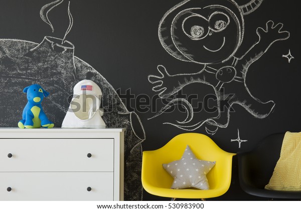 Chalkboard Wall Outer Space Themed Childrens Stock Image