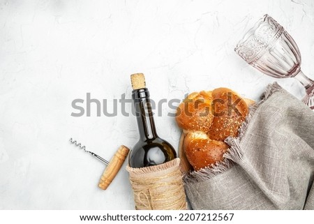 Challah bread, shabbat wine, Traditional Jewish Shabbat ritual. Shabbat or Shabath concept. Long banner format. top view,