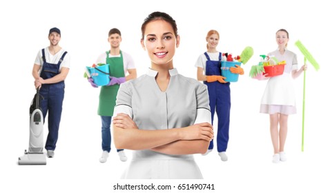 Chambermaid and professional team of cleaning service on white background