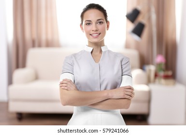 Chambermaid standing on living room background - Shutterstock ID 579241066