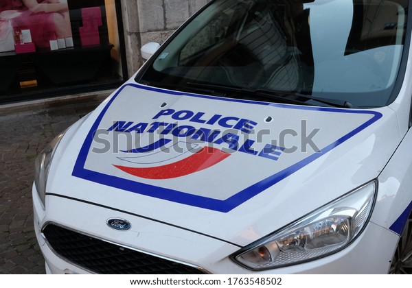 Chambery,\
France - 06 24 2020: \
Front cover of a police car with the sign\
police written in capital letters and zebra blue, white, red.\
Illustrative image about police in\
general