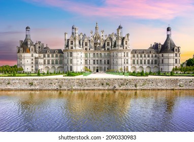 Chambord castle (chateau Chambord) in Loire valley at sunset, France