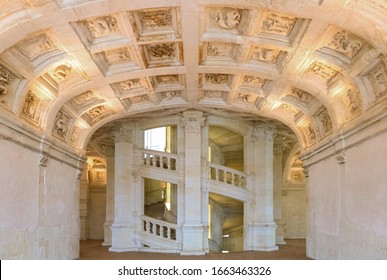 Chambord, France - November 14, 2018: The double helix staircase of the Chambord castle seen from the second floor