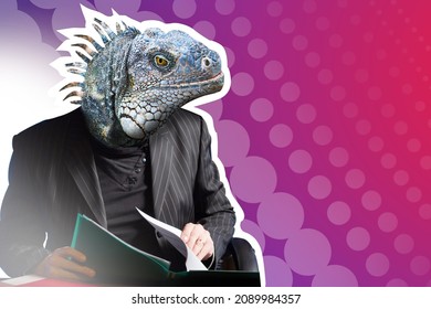 A chameleon in a business suit. High adaptability. A man with the head of a lizard. The person quickly adapts to circumstances. Contemporary art. A collage with a fictional character. Reptile-man.