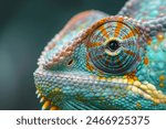 Chameleon close up eye portrait. Reptile animal nature photo exotic pet macro photo. Colorful scales Madagascar wildlife zoo photography.