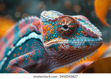 Chameleon into the wild. Beautiful extreme close-up. 