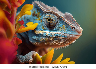 Chameleon on the flower. Beautiful extreme close-up.