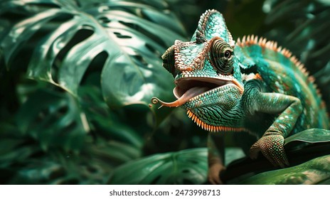 The chameleon stuck out its tongue to search for insects on the tree. - Powered by Shutterstock