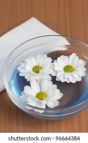 chamomile chrysanthemums floating on the water in a bowl