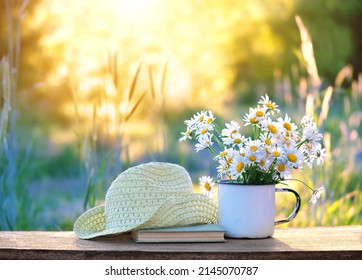 chamomile flowers in cup, book, braided rustic hat on table in garden, sunny natural abstract background. summer season. beautiful floral composition. relaxation, harmony atmosphere.