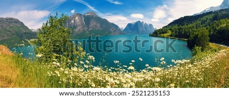 Similar – Foto Bild Blick auf den See Oppstrynsvatnet in Norwegen in den Morgenstunden. Schneebedeckte Berge