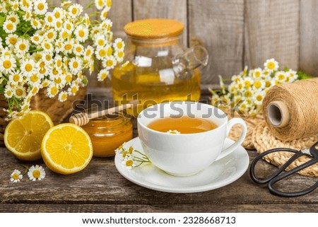 Chamomile herbal tea with flower buds, honey and lemon on a brown wooden table and a bouquet of chamomile. Useful herbal, soothing drinks and natural healer concept. Immunity tea.Close up. Copy space.