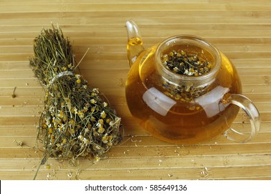 Chamomile tea in a glass teapot 