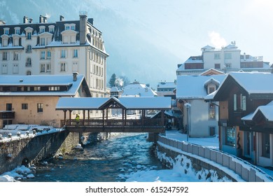 Chamonix Downtown In Winter With Arve River, France