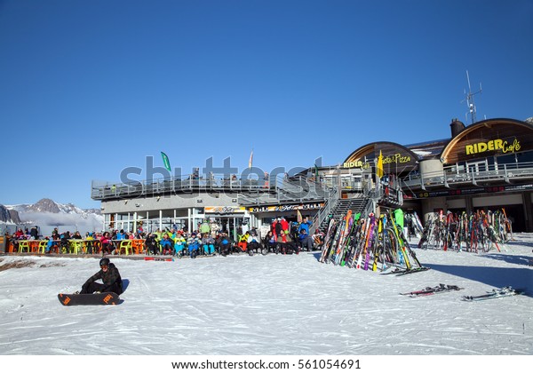 Chamonix du Mont-Blanc, France - JAN 03, 2017:\
Rider-cafe at the Lognan cable car station in French ski resort\
Grands Montets