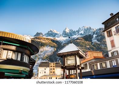 Chamonix Mont Blanc In Alps Mountains, France. Winter Landscape