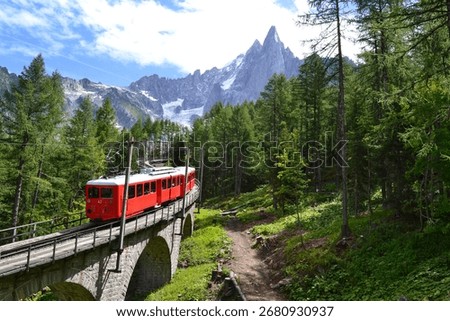 Chamonix red Train Sky Forest 