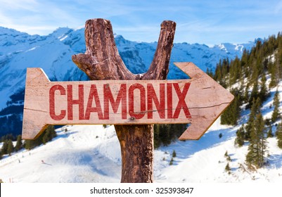 Chamonix Wooden Sign With Winter Background