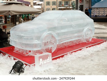 Chamonix,France - 22nd January 2015: Audi Q3 Car Ice Sculpture - Full Size.  An Ice Version Of The Newly Launched Audi Q3 4x4 SUV/car Was The Centrepiece Of The Audi Stand At A Skiing Event.