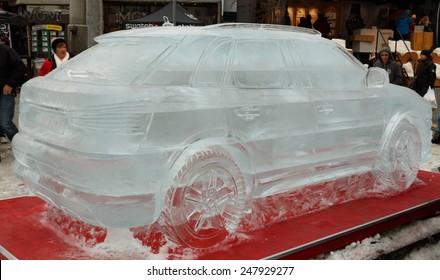 Chamonix,France - 22nd January 2015:A Full Size Ice Sculpture Of The Newly Launched Audi Q3 4x4 SUV/car. An Audi Car In Ice.