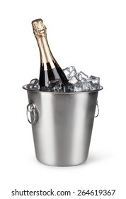 Champagne bottle in a bucket with ice on the white background