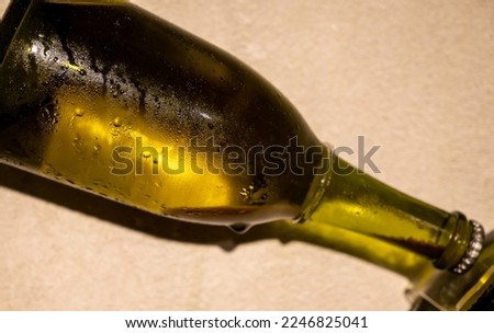 Champagne bottle during second fermentation with lees or dead yeast cells sediment, making champagne sparkling wine from chardonnay and pinor noir grapes in Epernay, Champagne, France