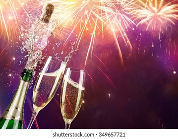 Champagne And Bottle With Fireworks
