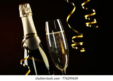 Champagne Bottle Glass On Black Background Stock Photo 776299639 ...