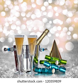 Champagne Bottle Silver Bucket Bubbly Glasses Gold Party Hat Green Blue Party Favors Elegant Vintage Grey Gold Pink Happy New Years Eve Or Abstract Grunge Crystal Ice Holiday Glitter Light Background