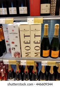 Champagne bottles at Systembolaget, Sweden's alcohol monopoly seller chain store in Haparanda, Northern Sweden. Captured on July 2nd 2016.