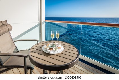 Champagne And Caviar On Balcony Of Cruise Ship.