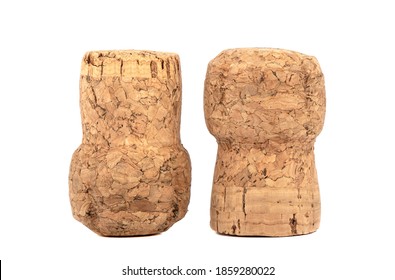 Champagne Corks On A White Background. One Champagne Cork Is Upside Down. Close Up. Copy Space.