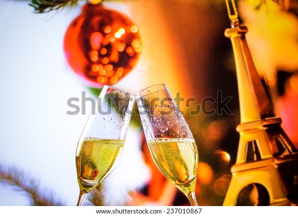 Champagne Flutes Golden Bubbles Make Cheers Food And Drink