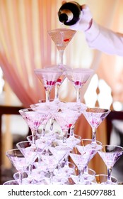 Champagne Glass Pyramid. Pyramid Of Glasses Of Wine, Champagne, Tower Of Champagne