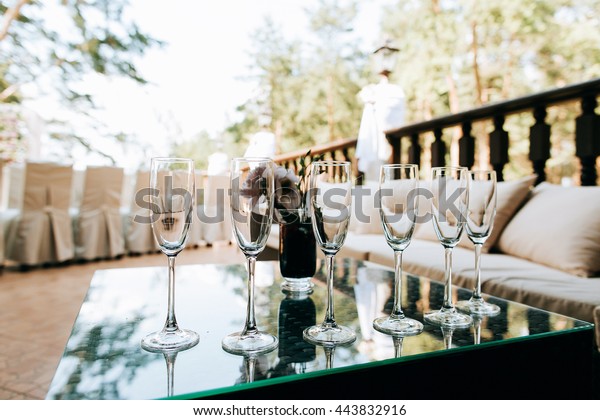 Champagne Glasses Closeup Wedding Reception Alcohol Stock Photo