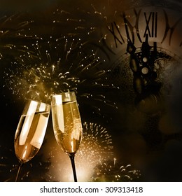 Champagne Glasses With Fireworks And New Year Clock