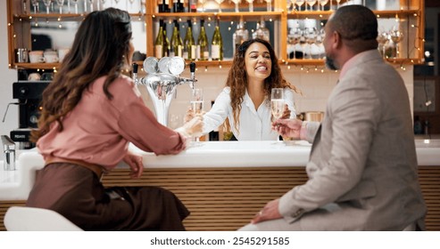 Champagne, hotel bar and business people with meeting, celebration and success for teamwork or victory. Bartender, woman and man with alcohol, cheers and work trip for hospitality and collaboration - Powered by Shutterstock