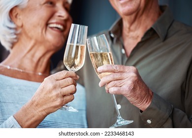 Champagne, love and senior couple toast for marriage anniversary date, partnership or retirement health. Romance, glass alcohol drinks and elderly people smile, bond and cheers at celebration event - Powered by Shutterstock