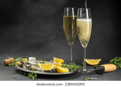 champagne and oyster. Restaurant delicacy. Saltwater oysters dish. vertical image. top view. place for text, - Powered by Shutterstock