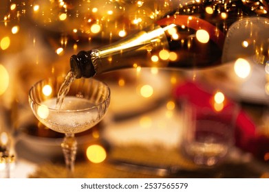 Champagne is poured from bottle into stylish glass. Sparkling golden festive lights against background. Bubbles rise in sparkling wine. Close-up of process of filling celebratory goblet - Powered by Shutterstock