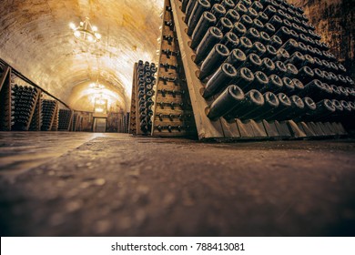 Champagne production in traditional way in a wine cellar