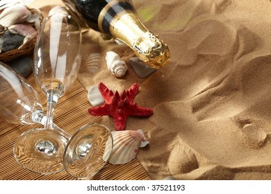 Champagne Sparkling On A Beach